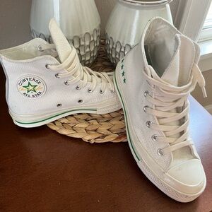 Converse White and Green High-Top Athletic Shoes